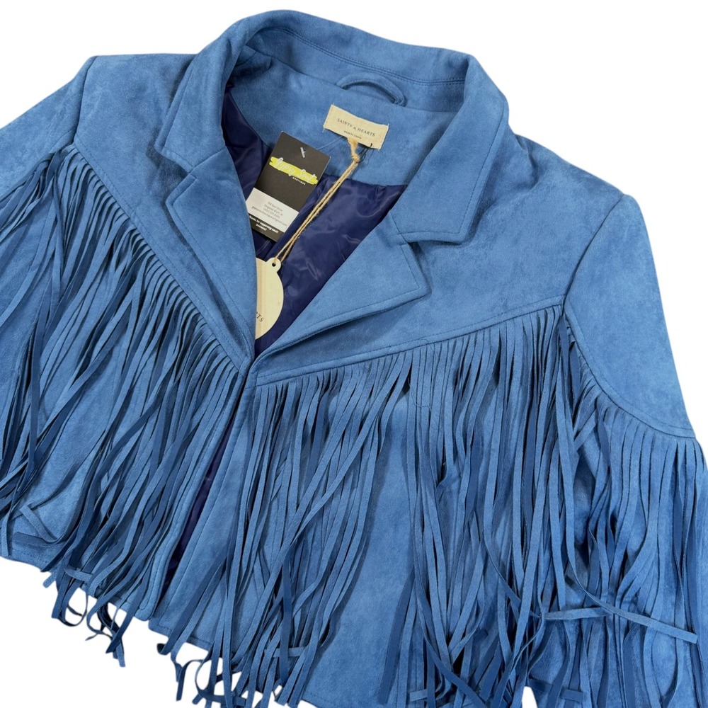 SAINTS & HEARTS Curvy Fringe Suede Jacket Womens 1X Blue Cropped Western Boho - Picture 2 of 10